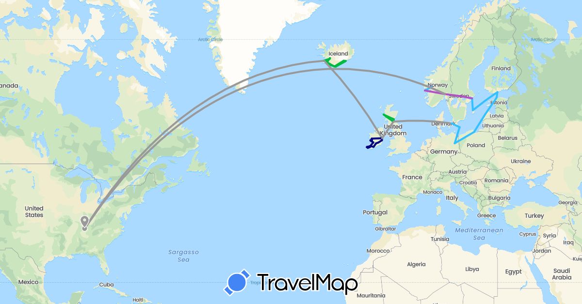 TravelMap itinerary: driving, bus, plane, train, boat in Germany, Denmark, Estonia, Finland, United Kingdom, Ireland, Iceland, Norway, Poland, Sweden, United States (Europe, North America)
