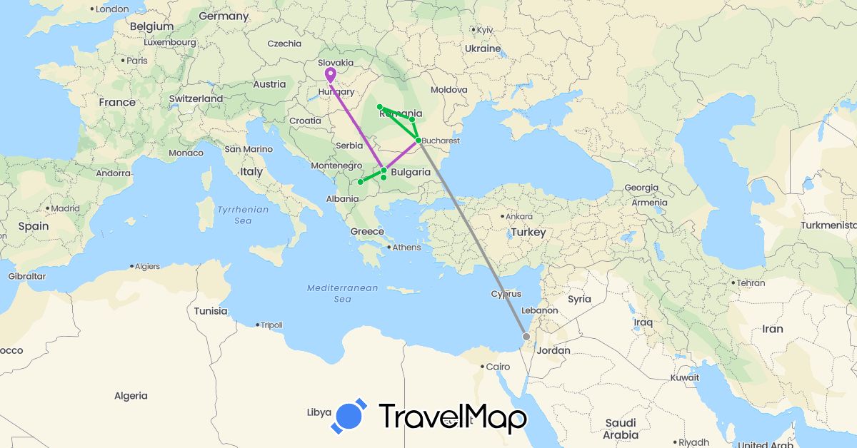 TravelMap itinerary: bus, plane, train in Bulgaria, Hungary, Israel, Macedonia, Romania (Asia, Europe)