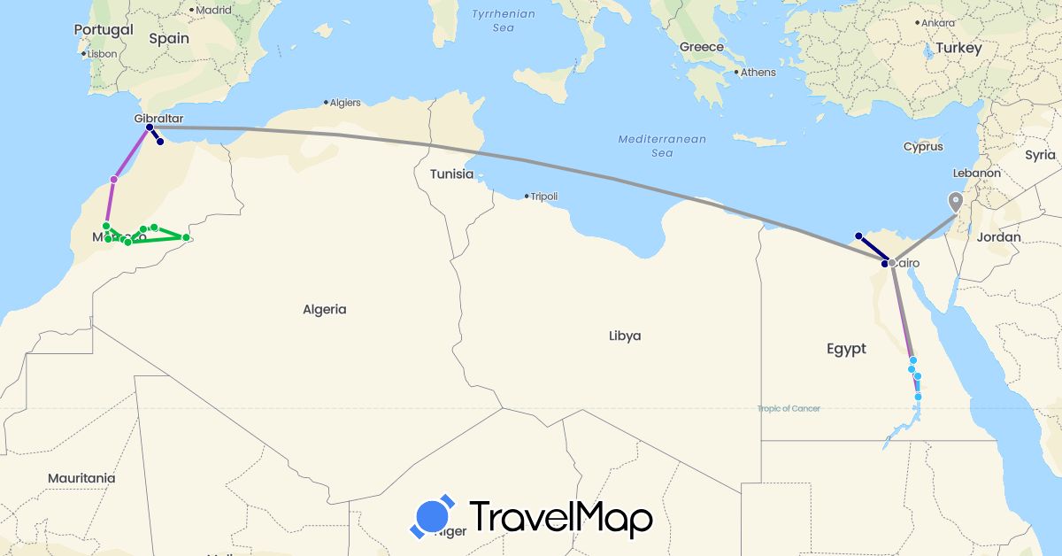TravelMap itinerary: driving, bus, plane, train, boat in Egypt, Israel, Morocco (Africa, Asia)